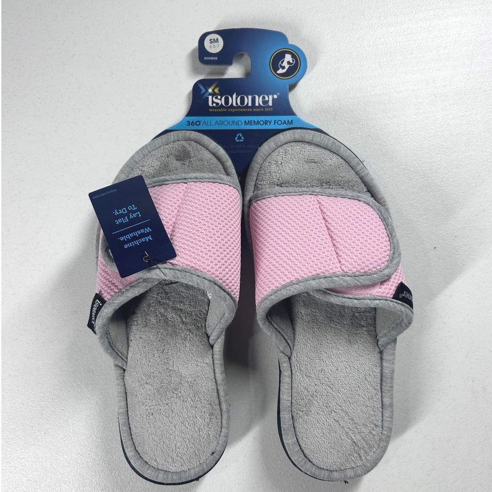 Isotoner Womens Slip On Memory Foam Slippers‎ Pink Grey Size Small (6.5 7) NEW